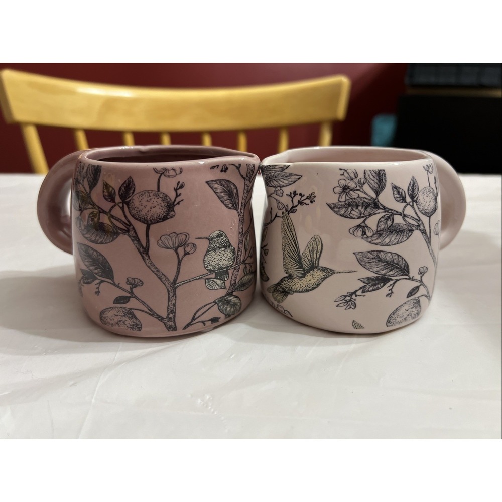 Set Of 2 Light Pink & Mauve Creamers with Hummingbird and Lemon Tree Design